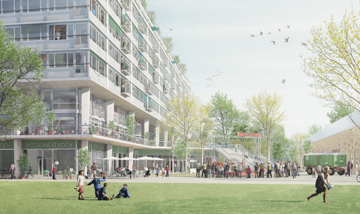 Visualisierung Projekt Koch, Kraftwerk1 Lebendiges Miteinander bei Kraftwerk1, Zürich – Gastronomie, Gewerbe, Kultur und Wohnen unter einem Dach, Sicht vom Quartierpark
